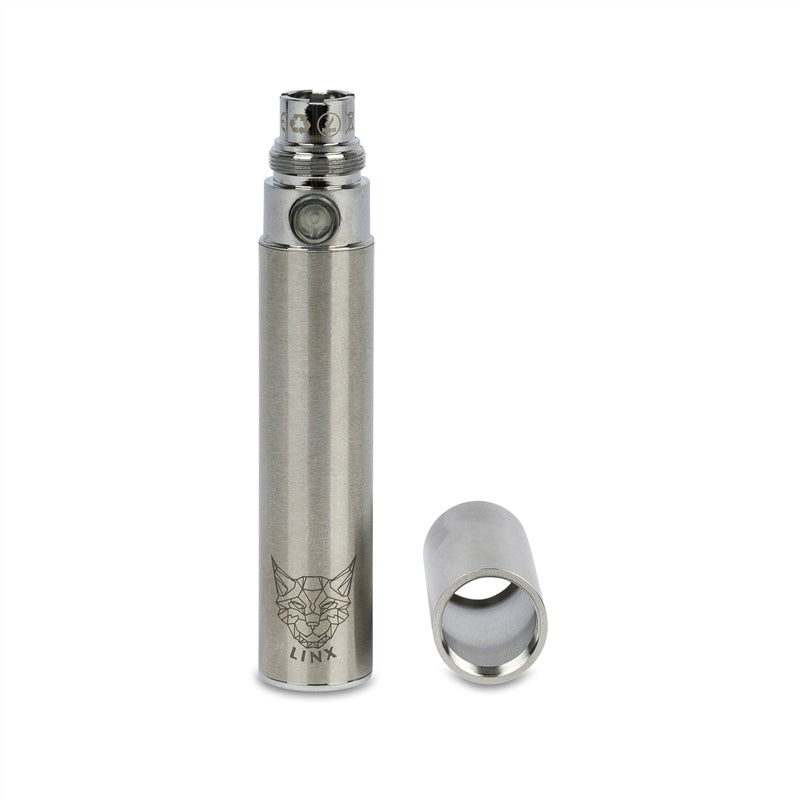 Linx 510 Vape Battery, the best 5110 vape battery, and Steel Cartridge cover steel colored on white background 