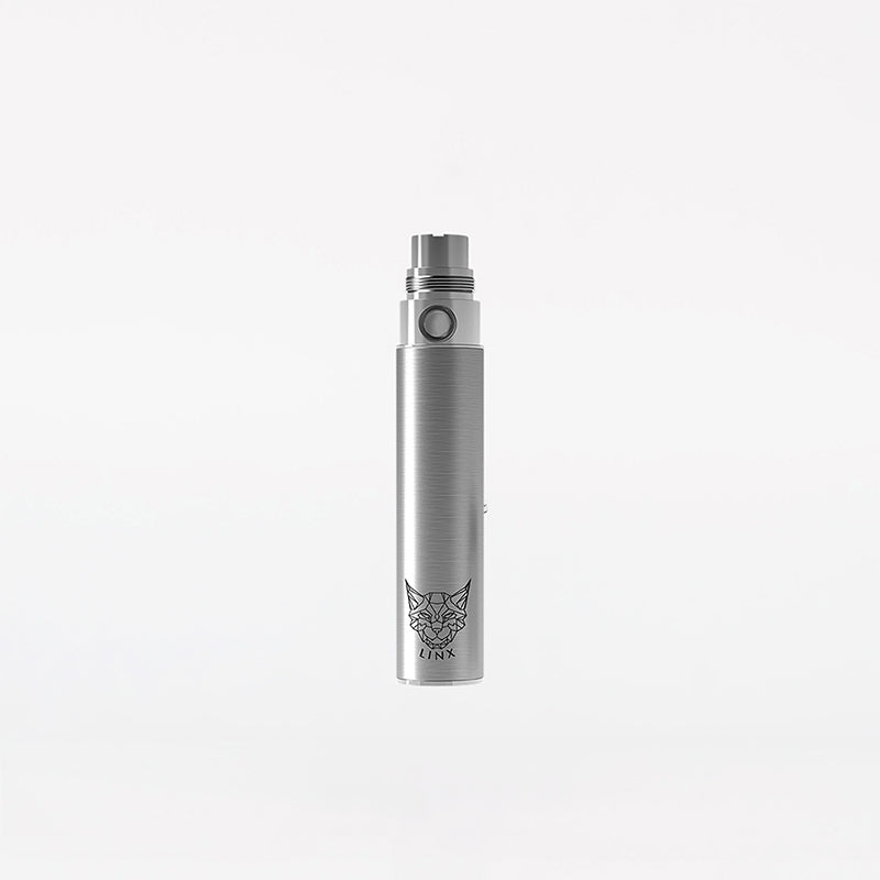 Linx Hypnos replacement  wax pen battery, a 510 battery steel colored to be used for THC cartridges or Linx atomizers on white background